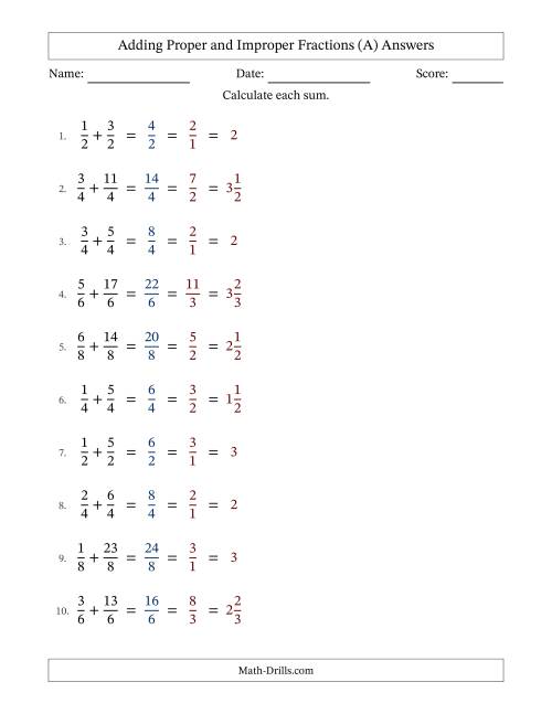 The Adding Proper and Improper Fractions with Equal Denominators, Mixed Fractions Results and All Simplifying (Fillable) (A) Math Worksheet Page 2