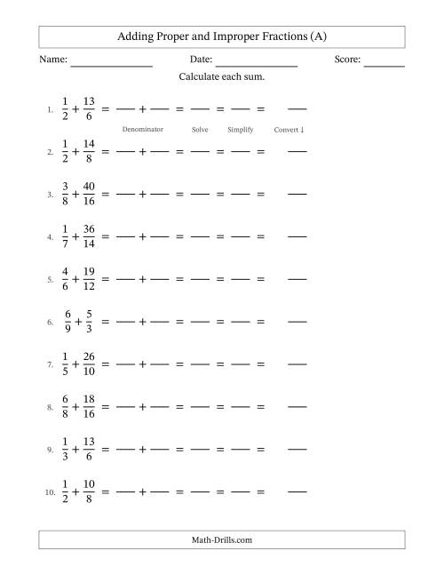 The Adding Proper and Improper Fractions with Similar Denominators, Mixed Fractions Results and All Simplifying (Fillable) (A) Math Worksheet