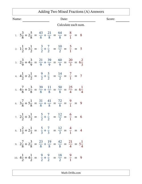 The Adding Two Mixed Fractions with Equal Denominators, Mixed Fractions Results and All Simplifying (Fillable) (A) Math Worksheet Page 2