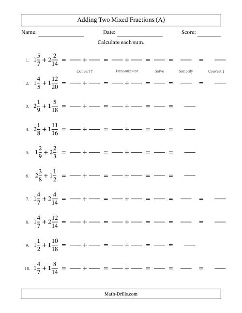 The Adding Two Mixed Fractions with Similar Denominators, Mixed Fractions Results and Some Simplifying (Fillable) (A) Math Worksheet