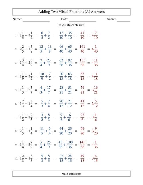 The Adding Two Mixed Fractions with Unlike Denominators, Mixed Fractions Results and No Simplifying (Fillable) (A) Math Worksheet Page 2
