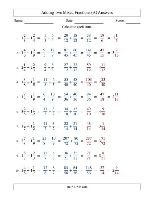 The Adding Two Mixed Fractions with Unlike Denominators, Mixed Fractions Results and Some Simplifying (Fillable) (A) Math Worksheet Page 2
