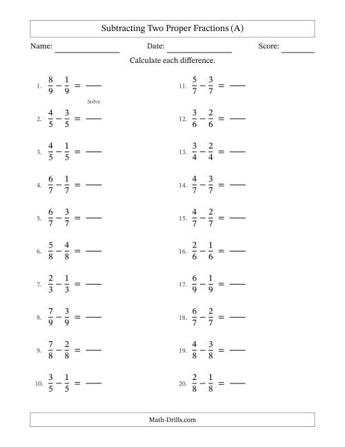 The Subtracting Two Proper Fractions with Equal Denominators, Proper Fractions Results and No Simplifying (Fillable) (A) Math Worksheet