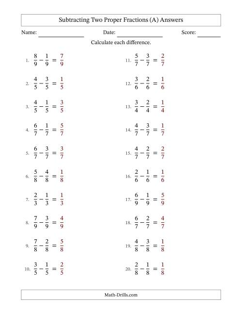 The Subtracting Two Proper Fractions with Equal Denominators, Proper Fractions Results and No Simplifying (Fillable) (A) Math Worksheet Page 2