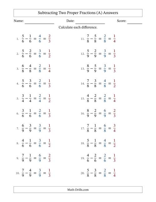 The Subtracting Two Proper Fractions with Equal Denominators, Proper Fractions Results and All Simplifying (Fillable) (A) Math Worksheet Page 2