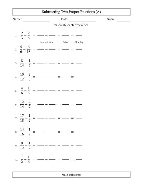 The Subtracting Two Proper Fractions with Similar Denominators, Proper Fractions Results and All Simplifying (Fillable) (A) Math Worksheet