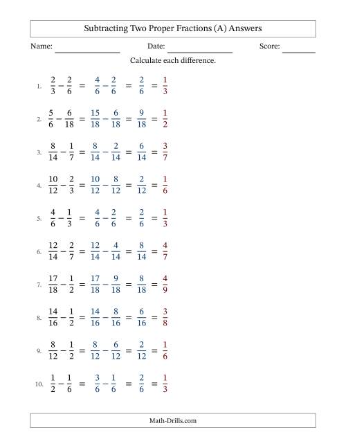 The Subtracting Two Proper Fractions with Similar Denominators, Proper Fractions Results and All Simplifying (Fillable) (A) Math Worksheet Page 2