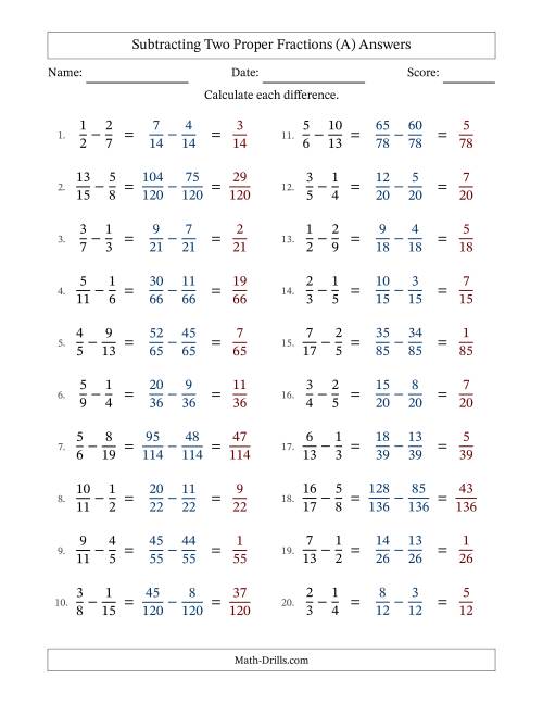 The Subtracting Two Proper Fractions with Unlike Denominators, Proper Fractions Results and No Simplifying (Fillable) (A) Math Worksheet Page 2