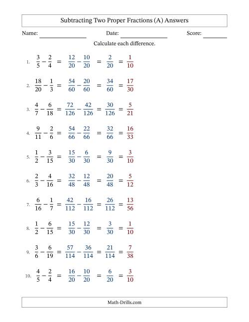 The Subtracting Two Proper Fractions with Unlike Denominators, Proper Fractions Results and All Simplifying (Fillable) (A) Math Worksheet Page 2