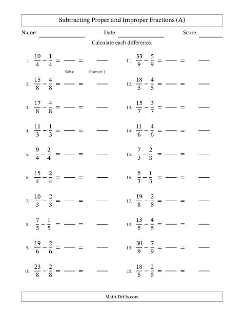 The Subtracting Proper and Improper Fractions with Equal Denominators, Mixed Fractions Results and No Simplifying (Fillable) (A) Math Worksheet