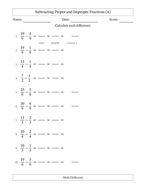 The Subtracting Proper and Improper Fractions with Equal Denominators, Mixed Fractions Results and All Simplifying (Fillable) (A) Math Worksheet
