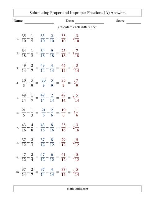 The Subtracting Proper and Improper Fractions with Similar Denominators, Mixed Fractions Results and No Simplifying (Fillable) (A) Math Worksheet Page 2