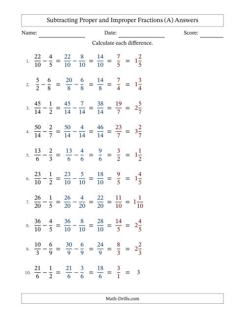 The Subtracting Proper and Improper Fractions with Similar Denominators, Mixed Fractions Results and All Simplifying (Fillable) (A) Math Worksheet Page 2