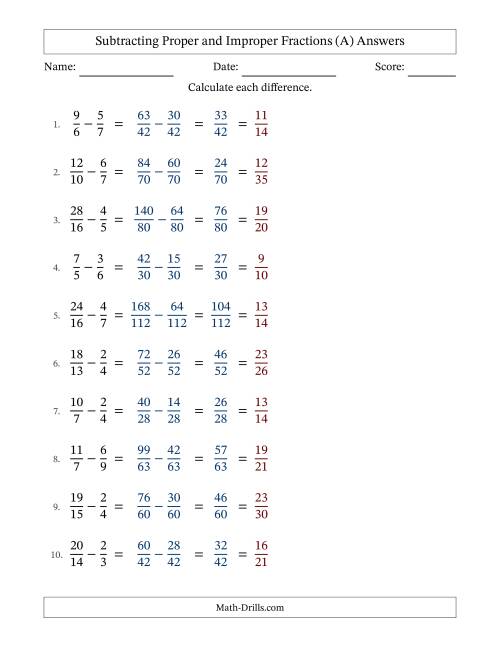 The Subtracting Proper and Improper Fractions with Unlike Denominators, Proper Fractions Results and All Simplifying (Fillable) (A) Math Worksheet Page 2