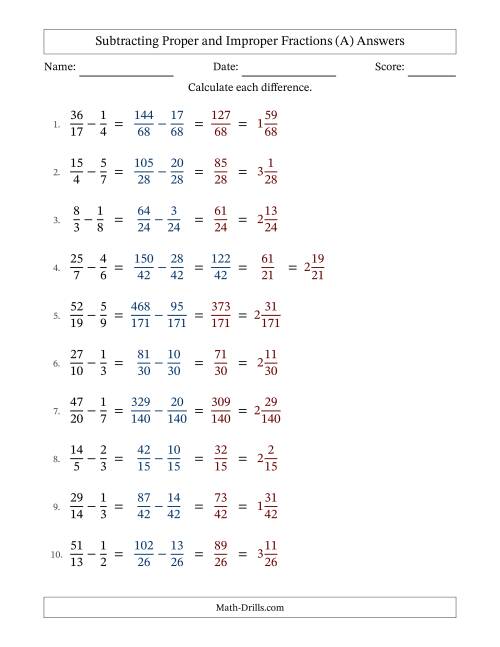 The Subtracting Proper and Improper Fractions with Unlike Denominators, Mixed Fractions Results and No Simplifying (Fillable) (A) Math Worksheet Page 2