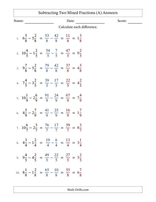 The Subtracting Two Mixed Fractions with Equal Denominators, Mixed Fractions Results and No Simplifying (Fillable) (A) Math Worksheet Page 2