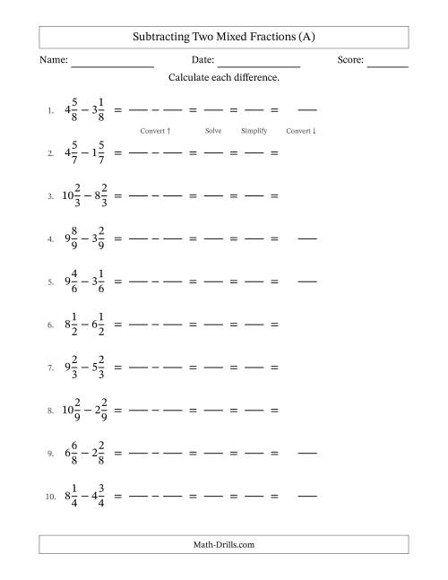 The Subtracting Two Mixed Fractions with Equal Denominators, Mixed Fractions Results and All Simplifying (Fillable) (A) Math Worksheet