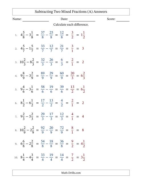 The Subtracting Two Mixed Fractions with Equal Denominators, Mixed Fractions Results and All Simplifying (Fillable) (A) Math Worksheet Page 2