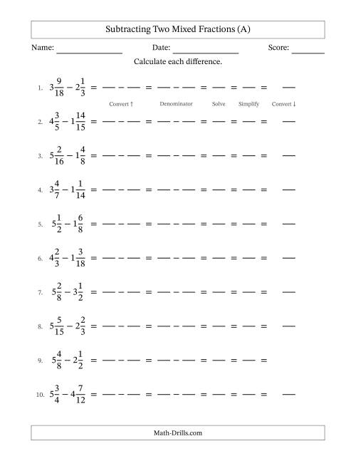 The Subtracting Two Mixed Fractions with Similar Denominators, Mixed Fractions Results and All Simplifying (Fillable) (A) Math Worksheet