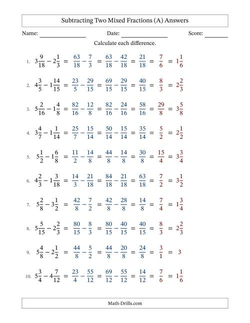 The Subtracting Two Mixed Fractions with Similar Denominators, Mixed Fractions Results and All Simplifying (Fillable) (A) Math Worksheet Page 2