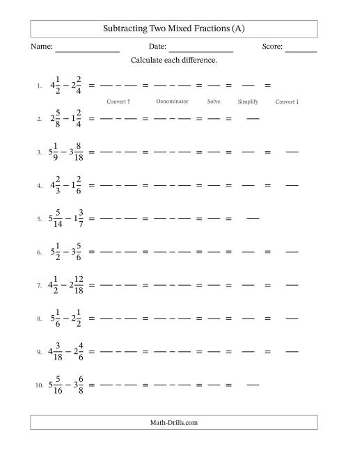 The Subtracting Two Mixed Fractions with Similar Denominators, Mixed Fractions Results and Some Simplifying (Fillable) (A) Math Worksheet