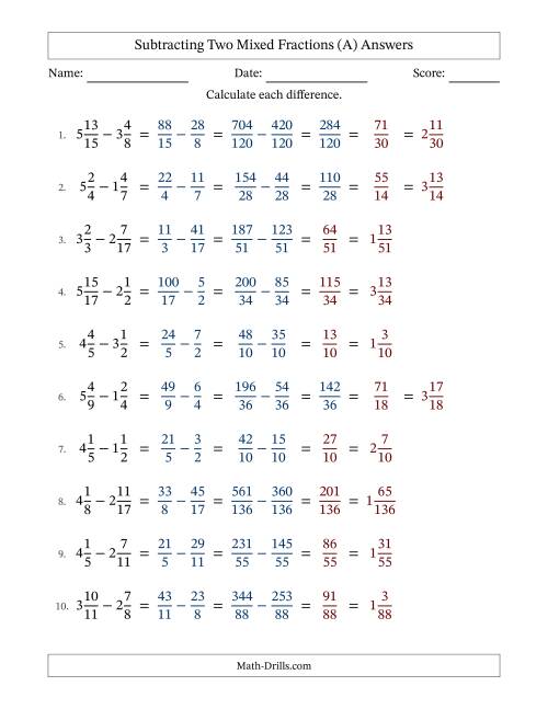 The Subtracting Two Mixed Fractions with Unlike Denominators, Mixed Fractions Results and Some Simplifying (Fillable) (A) Math Worksheet Page 2