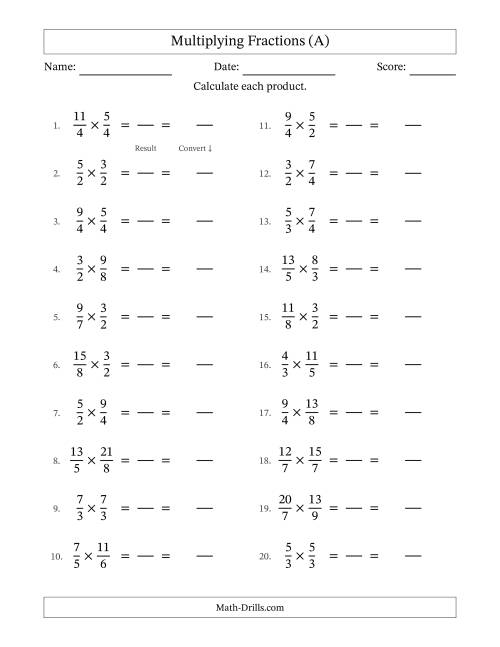 The Multiplying Two Improper Fractions with No Simplification (Fillable) (A) Math Worksheet