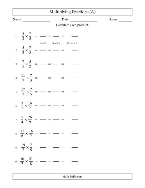 The Multiplying Two Improper Fractions with All Simplification (Fillable) (A) Math Worksheet