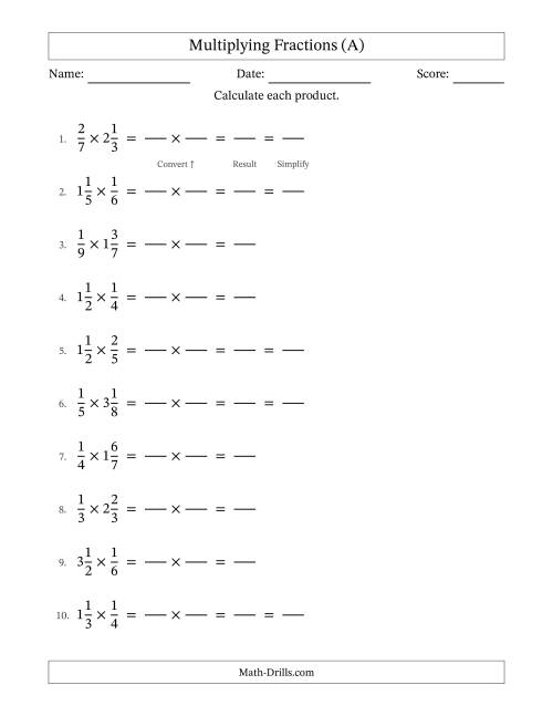 The Multiplying Proper and Mixed Fractions with Some Simplification (Fillable) (A) Math Worksheet