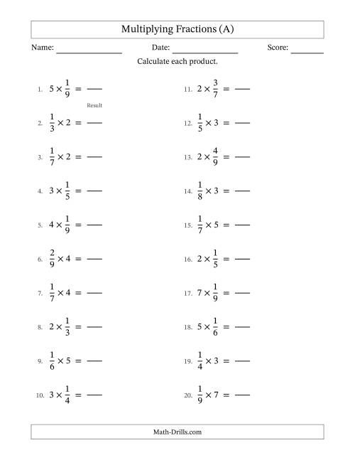 The Multiplying Proper Fractions and Whole Numbers with No Simplification (Fillable) (A) Math Worksheet
