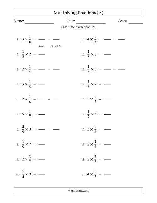 The Multiplying Proper Fractions and Whole Numbers with Some Simplification (Fillable) (A) Math Worksheet
