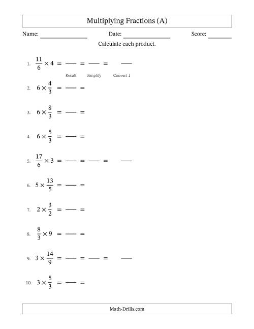 The Multiplying Improper Fractions and Whole Numbers with All Simplification (Fillable) (A) Math Worksheet