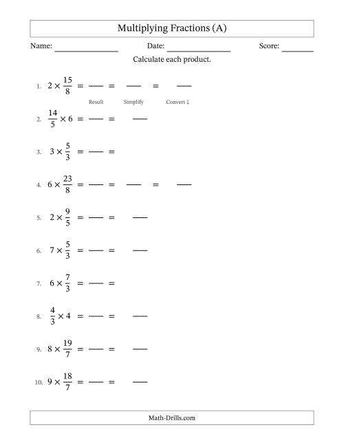 The Multiplying Improper Fractions and Whole Numbers with Some Simplification (Fillable) (A) Math Worksheet