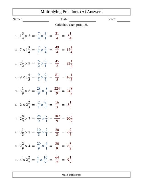 The Multiplying Mixed Fractions and Whole Numbers with No Simplification (Fillable) (A) Math Worksheet Page 2