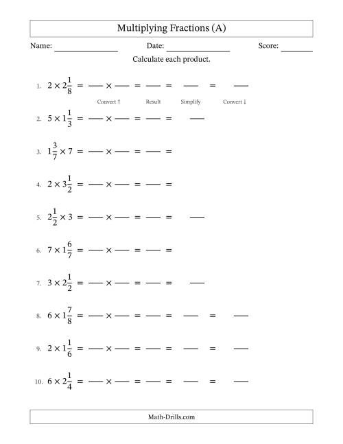 The Multiplying Mixed Fractions and Whole Numbers with Some Simplification (Fillable) (A) Math Worksheet