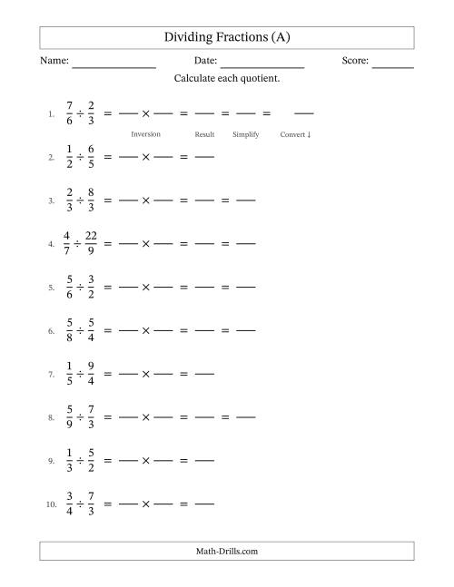 The Dividing Proper and Improper Fractions with Some Simplification (Fillable) (A) Math Worksheet