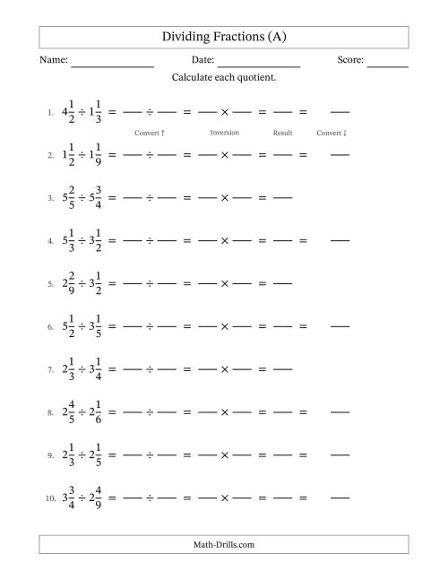 The Dividing Two Mixed Fractions with No Simplification (Fillable) (A) Math Worksheet