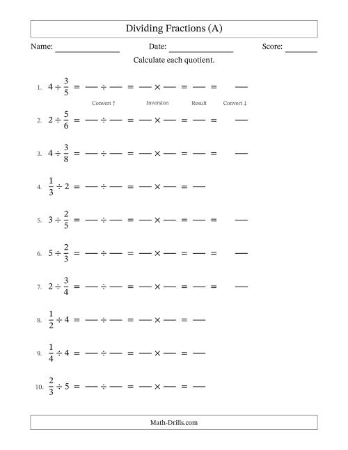 The Dividing Proper Fractions and Whole Numbers with No Simplification (Fillable) (A) Math Worksheet