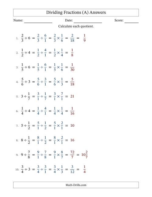 The Dividing Proper Fractions and Whole Numbers with Some Simplification (Fillable) (A) Math Worksheet Page 2