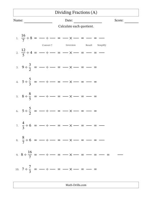 The Dividing Improper Fractions and Whole Numbers with All Simplification (Fillable) (A) Math Worksheet