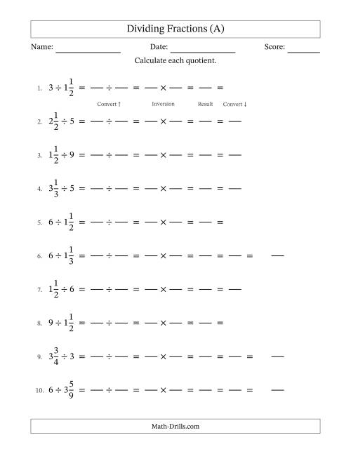 The Dividing Mixed Fractions and Whole Numbers with All Simplification (Fillable) (A) Math Worksheet