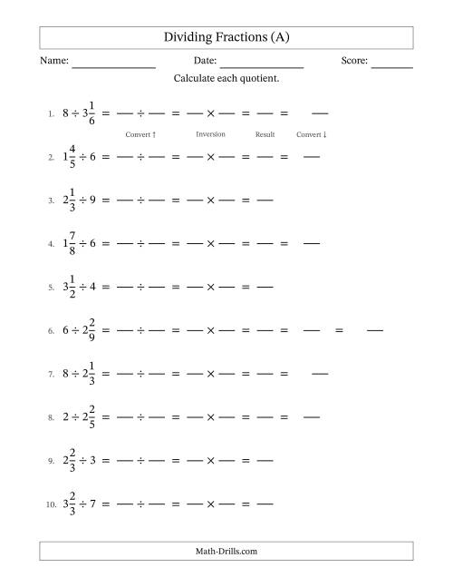 The Dividing Mixed Fractions and Whole Numbers with Some Simplification (Fillable) (A) Math Worksheet