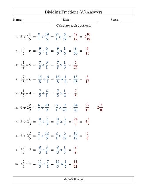 The Dividing Mixed Fractions and Whole Numbers with Some Simplification (Fillable) (A) Math Worksheet Page 2