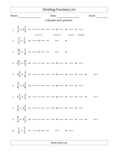 The Dividing Proper, Improper and Mixed Fractions with All Simplification (Fillable) (A) Math Worksheet