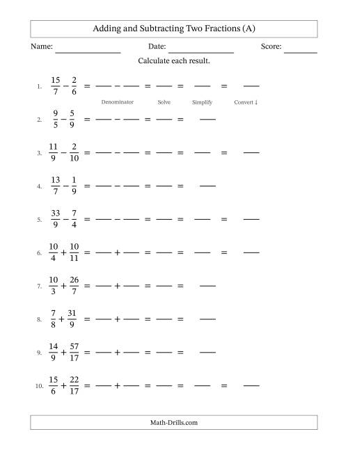 The Adding and Subtracting Proper and Improper Fractions with Unlike Denominators, Mixed Fractions Results and Some Simplifying (Fillable) (A) Math Worksheet