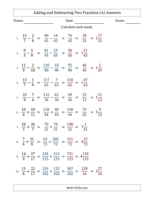 The Adding and Subtracting Proper and Improper Fractions with Unlike Denominators, Mixed Fractions Results and Some Simplifying (Fillable) (A) Math Worksheet Page 2