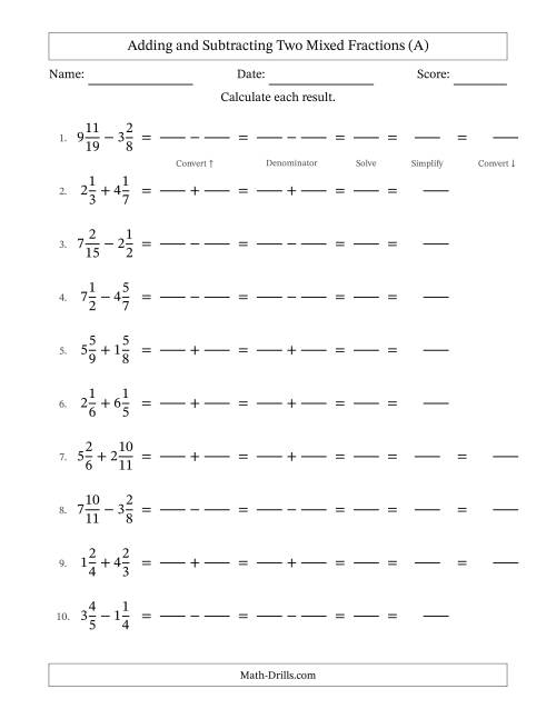 The Adding and Subtracting Two Mixed Fractions with Unlike Denominators, Mixed Fractions Results and Some Simplifying (Fillable) (A) Math Worksheet