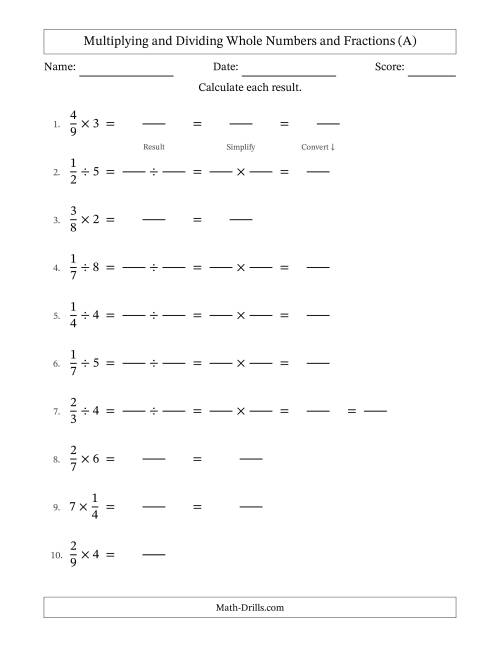 The Multiplying and Dividing Proper Fractions and Whole Numbers with Some Simplifying (Fillable) (A) Math Worksheet
