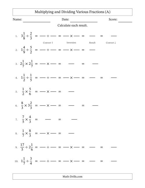 The Multiplying and Dividing Proper, Improper and Mixed Fractions with No Simplifying (Fillable) (A) Math Worksheet