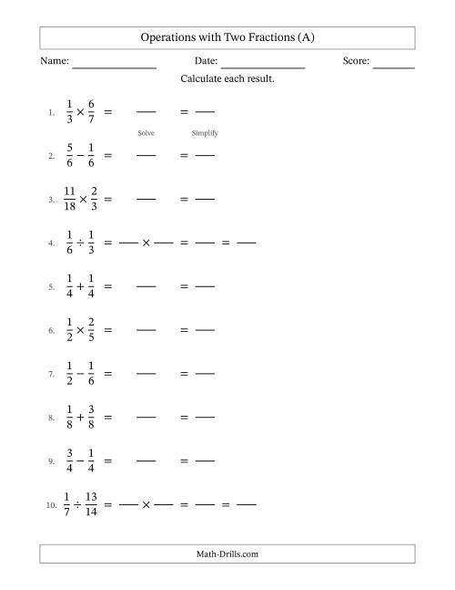 The Operations with Two Proper Fractions with Equal Denominators, Proper Fractions Results and All Simplifying (Fillable) (A) Math Worksheet